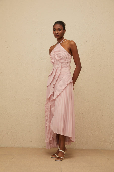Aurohaya Doux Pink Ruffled Trim Pleated Midi Dress