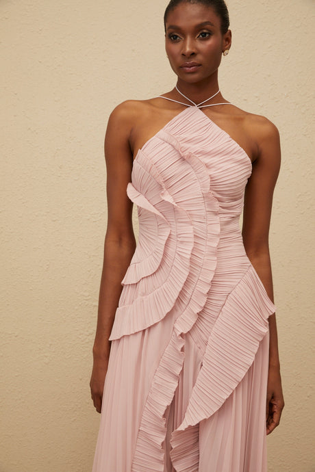 Aurohaya Doux Pink Ruffled Trim Pleated Midi Dress