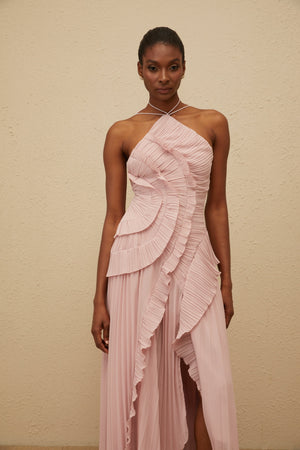 Aurohaya Doux Pink Ruffled Trim Pleated Midi Dress
