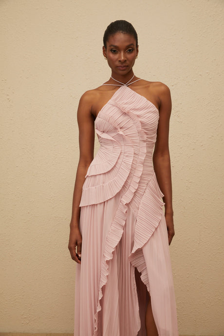 Aurohaya Doux Pink Ruffled Trim Pleated Midi Dress