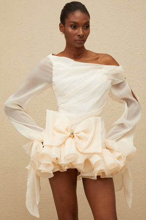 Aurohaya Irina White Bowknot Bubble Mini Dress