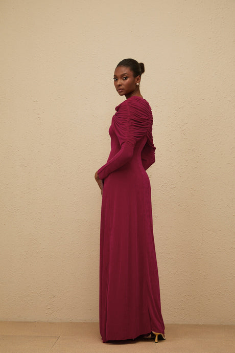 Aurohaya Moderne Red Cape-Design Ruched Maxi Dress