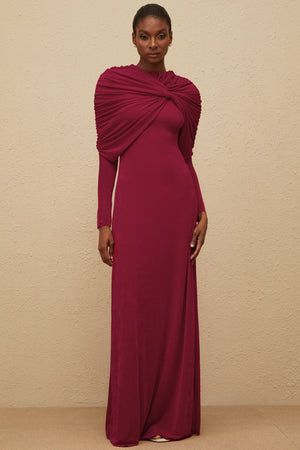 Aurohaya Moderne Red Cape-Design Ruched Maxi Dress