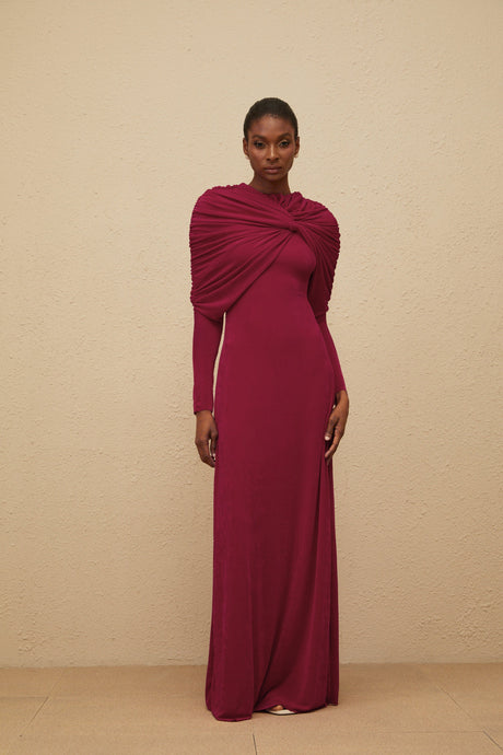 Aurohaya Moderne Red Cape-Design Ruched Maxi Dress