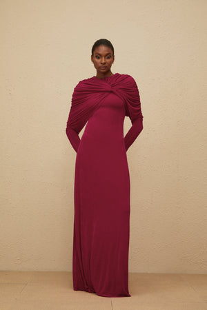 Aurohaya Moderne Red Cape-Design Ruched Maxi Dress