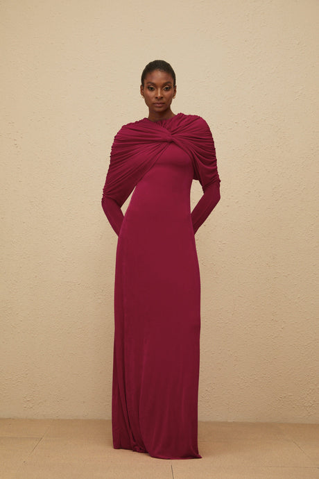 Aurohaya Moderne Red Cape-Design Ruched Maxi Dress