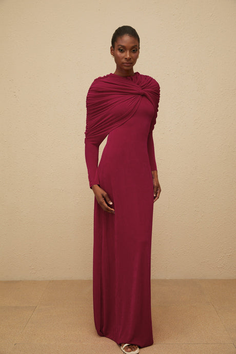 Aurohaya Moderne Red Cape-Design Ruched Maxi Dress