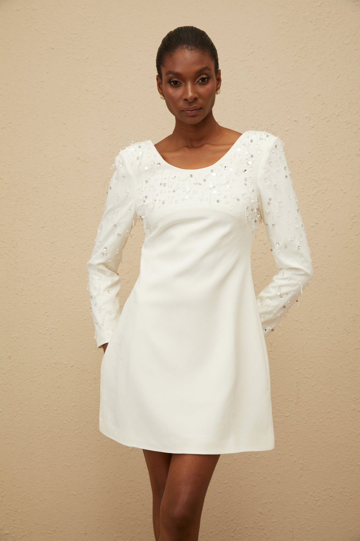 Aurohaya Aurore White Embellished A-line Mini Dress