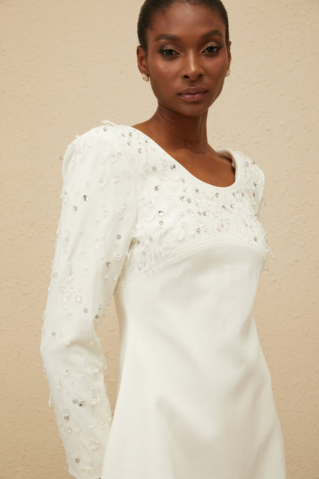 Aurohaya Aurore White Embellished A-line Mini Dress