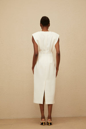Aurohaya Ondine White Cowl-Neck Pencil Midi Dress