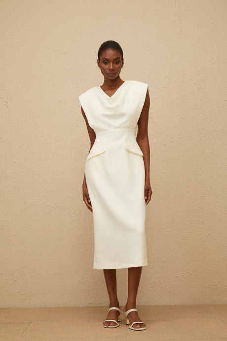Aurohaya Ondine White Cowl-Neck Pencil Midi Dress