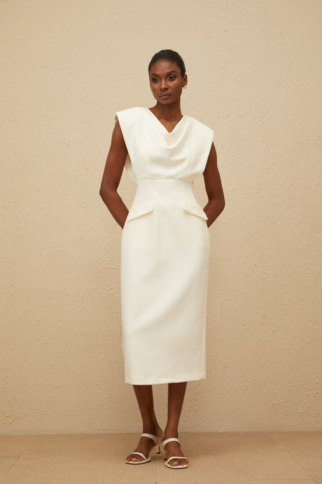 Aurohaya Ondine White Cowl-Neck Pencil Midi Dress
