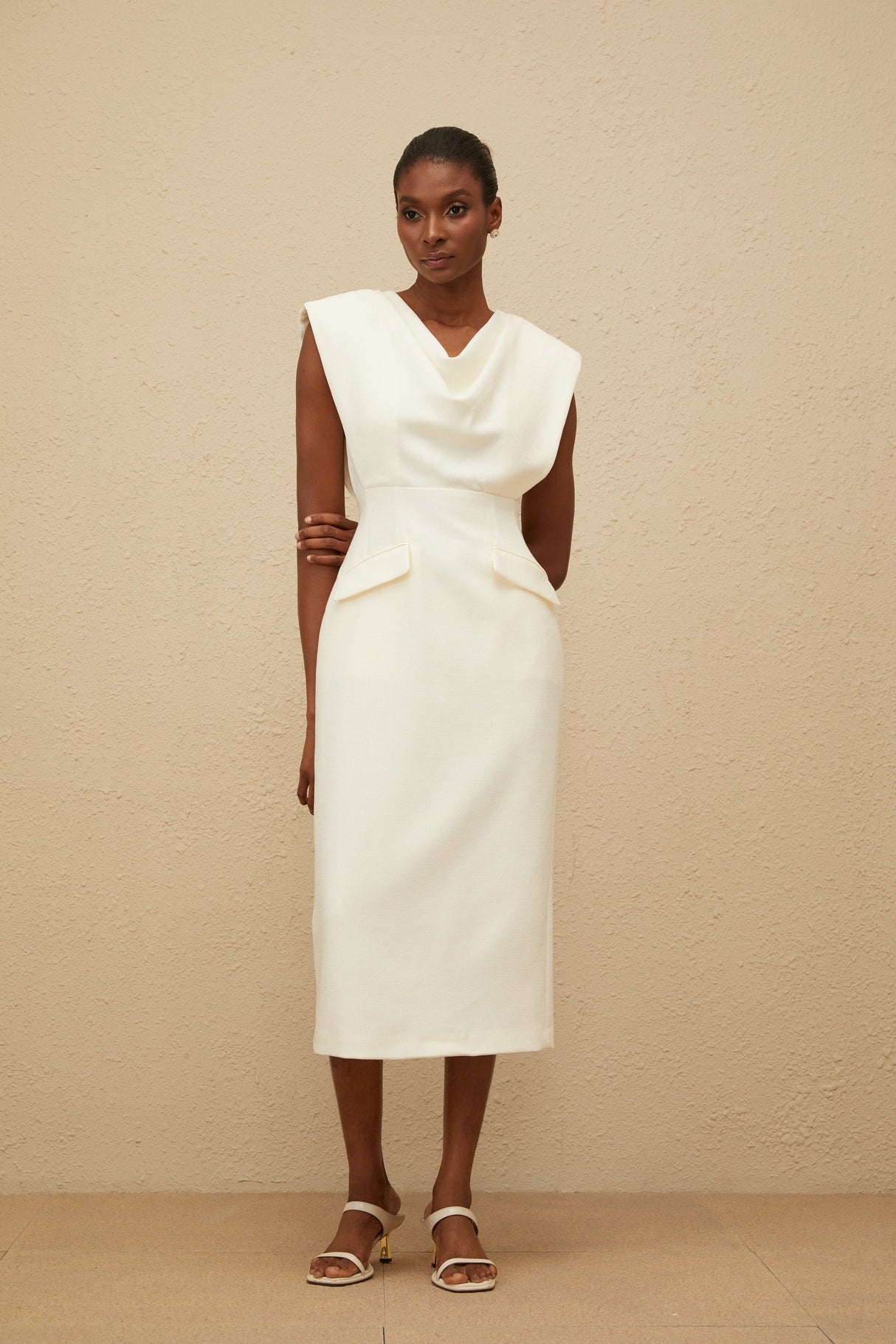 Aurohaya Ondine White Cowl-Neck Pencil Midi Dress
