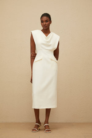 Aurohaya Ondine White Cowl-Neck Pencil Midi Dress