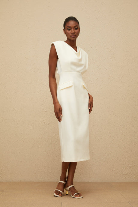 Aurohaya Ondine White Cowl-Neck Pencil Midi Dress