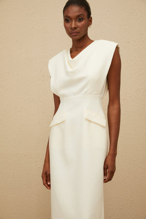Aurohaya Ondine White Cowl-Neck Pencil Midi Dress