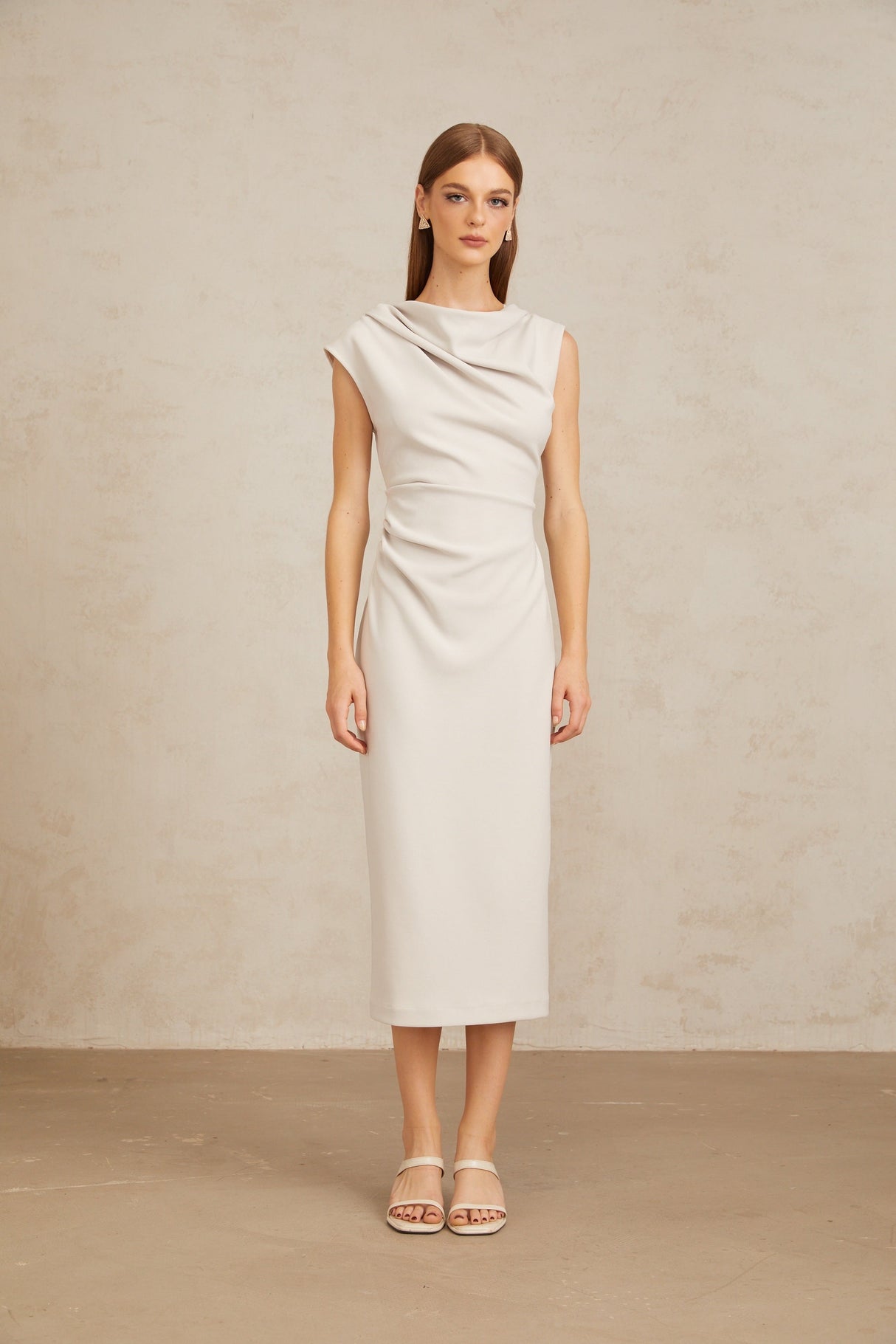Aurohaya Jeanne Grey Ruched Pencil Midi Dress
