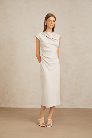 Aurohaya Jeanne Grey Ruched Pencil Midi Dress