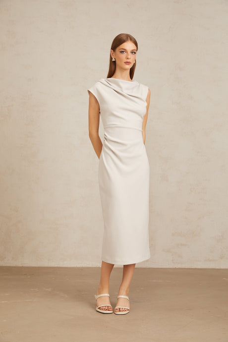 Aurohaya Jeanne Grey Ruched Pencil Midi Dress