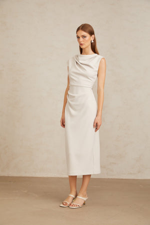 Aurohaya Jeanne Grey Ruched Pencil Midi Dress