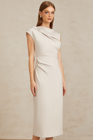Aurohaya Jeanne Grey Ruched Pencil Midi Dress