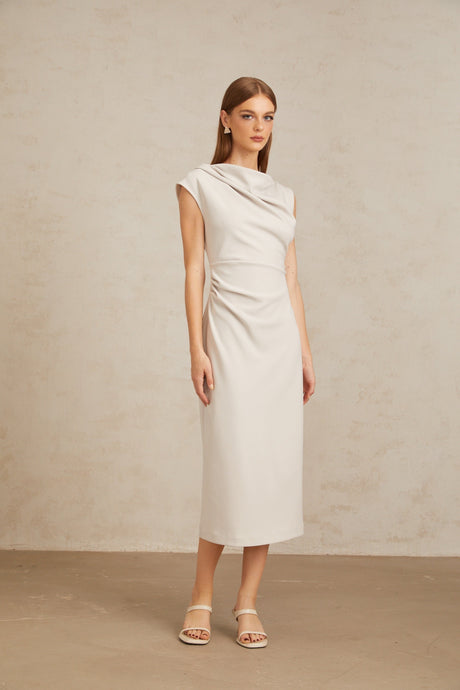 Aurohaya Jeanne Grey Ruched Pencil Midi Dress