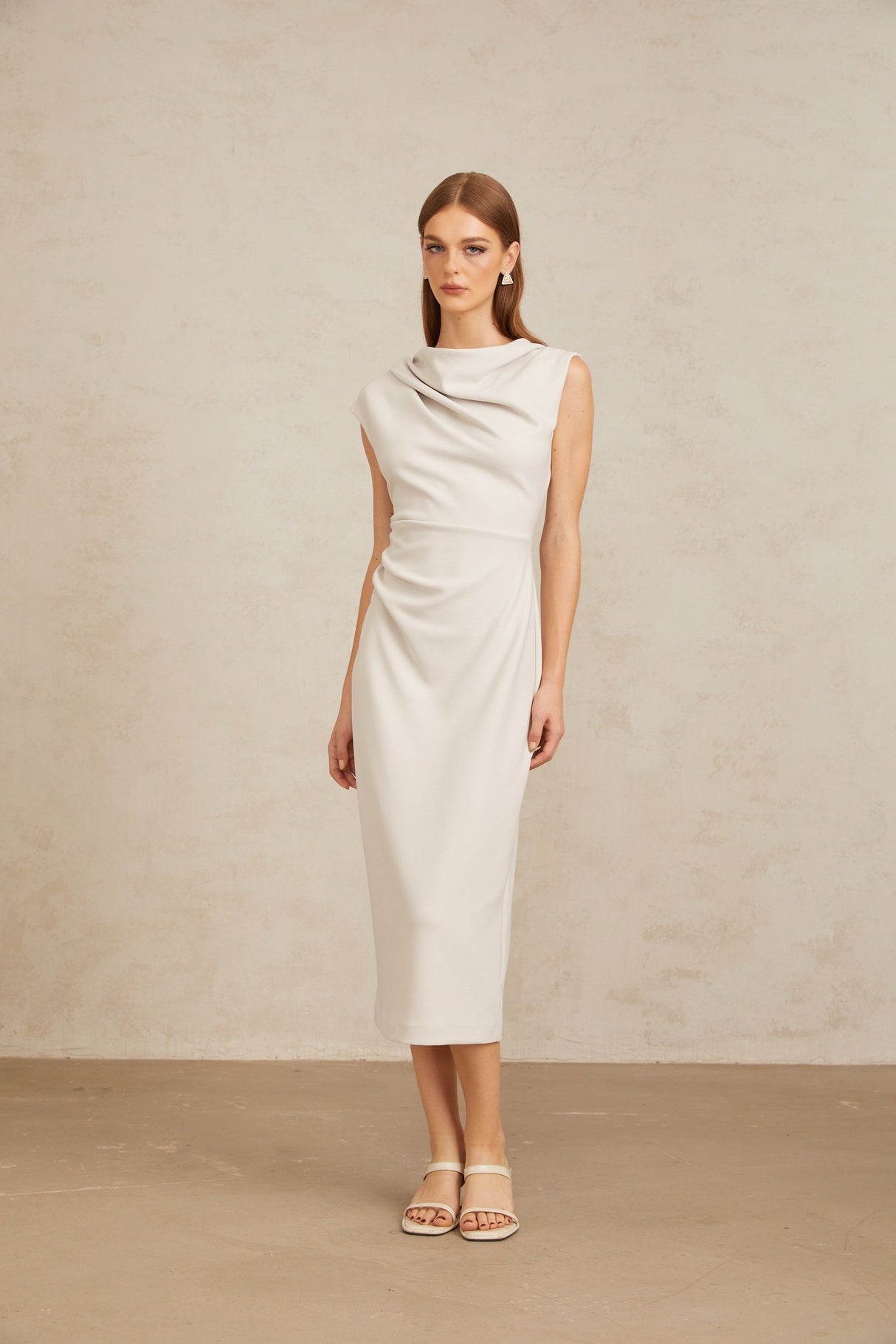 Aurohaya Jeanne Grey Ruched Pencil Midi Dress