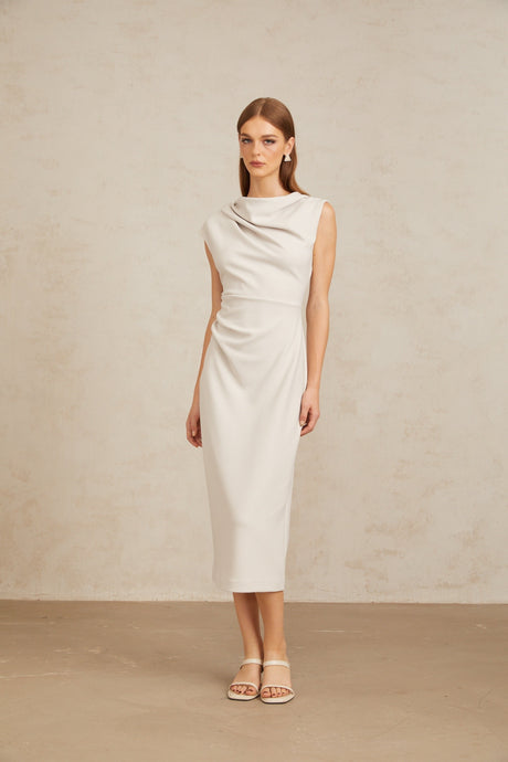 Aurohaya Jeanne Grey Ruched Pencil Midi Dress