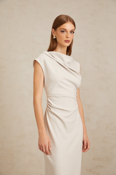 Aurohaya Jeanne Grey Ruched Pencil Midi Dress