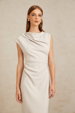 Aurohaya Jeanne Grey Ruched Pencil Midi Dress