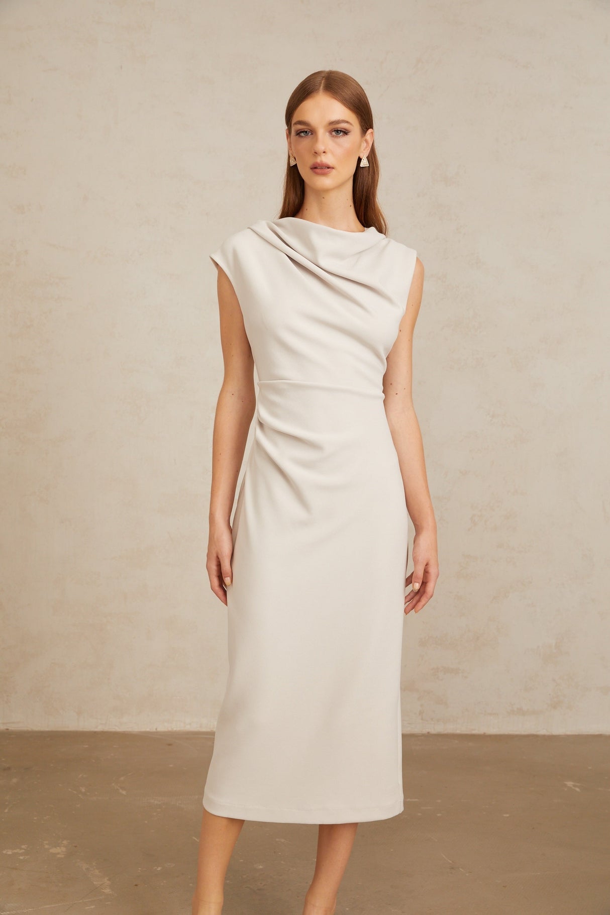 Aurohaya Jeanne Grey Ruched Pencil Midi Dress