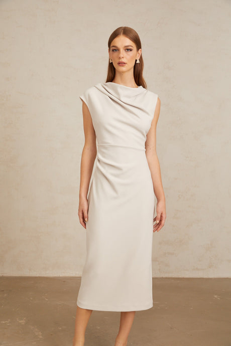 Aurohaya Jeanne Grey Ruched Pencil Midi Dress