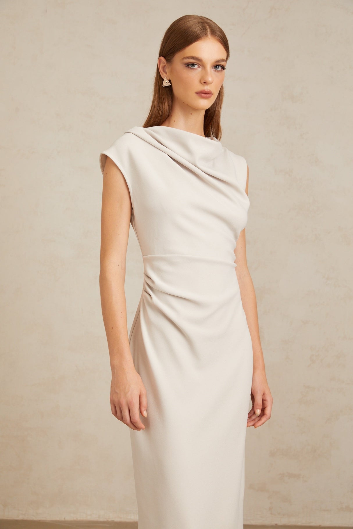 Aurohaya Jeanne Grey Ruched Pencil Midi Dress