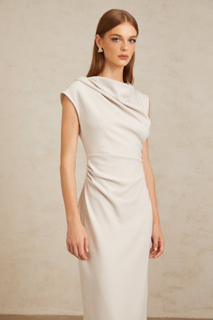 Aurohaya Jeanne Grey Ruched Pencil Midi Dress