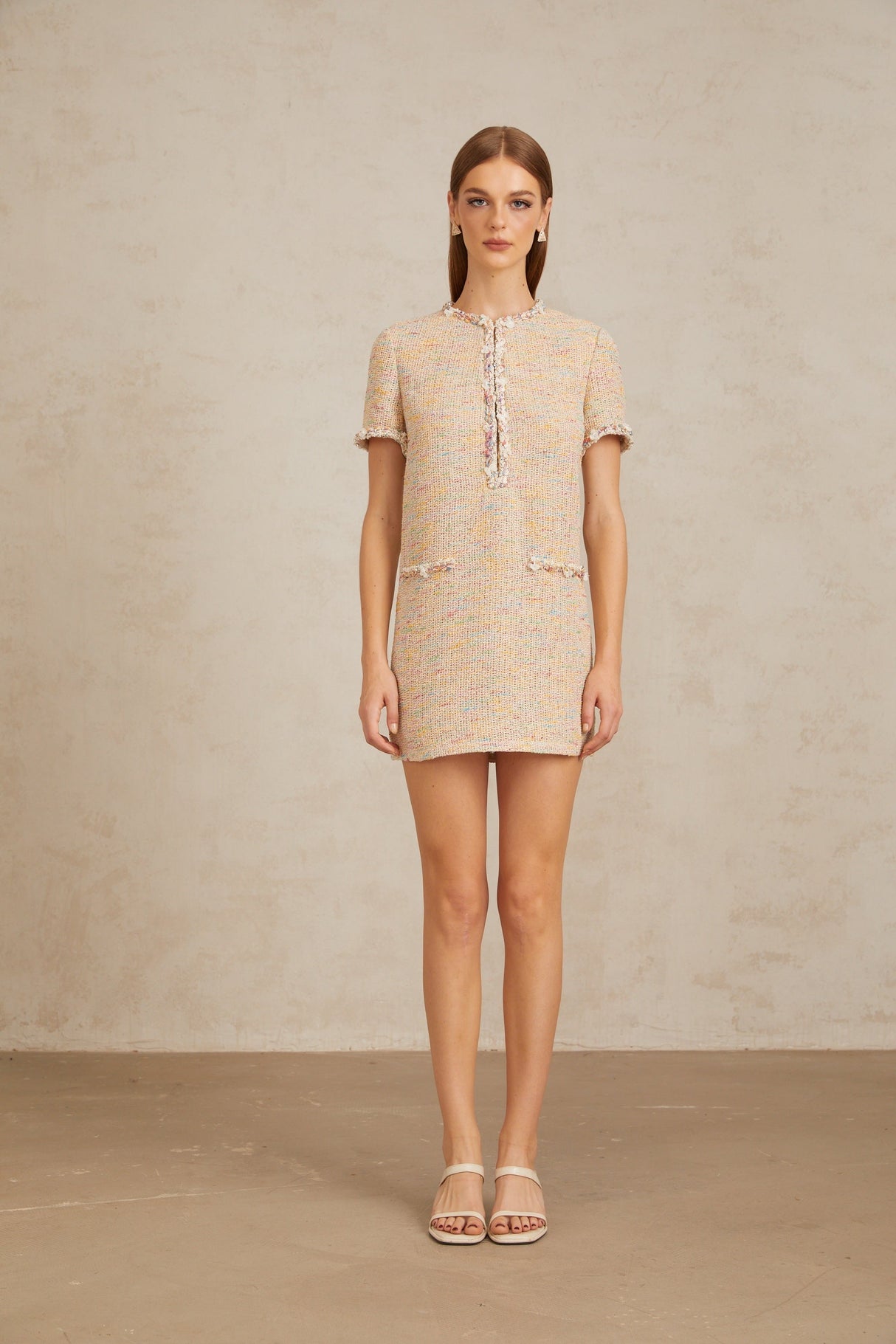 Aurohaya Palme Neutral Embellished Crochet Knit Mini Dress