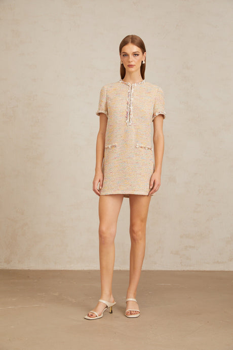 Aurohaya Palme Neutral Embellished Crochet Knit Mini Dress