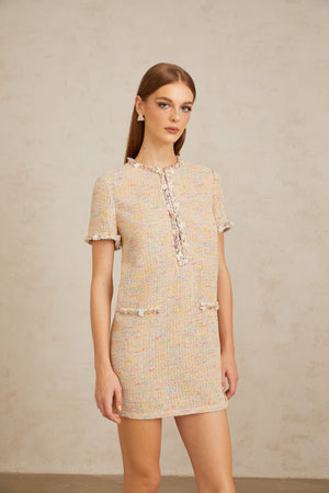 Aurohaya Palme Neutral Embellished Crochet Knit Mini Dress