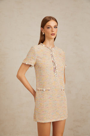 Aurohaya Palme Neutral Embellished Crochet Knit Mini Dress