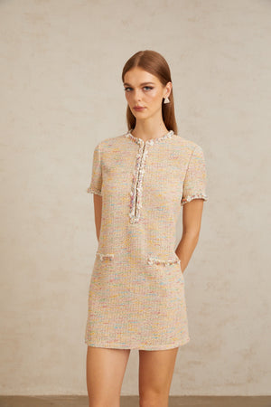 Aurohaya Palme Neutral Embellished Crochet Knit Mini Dress