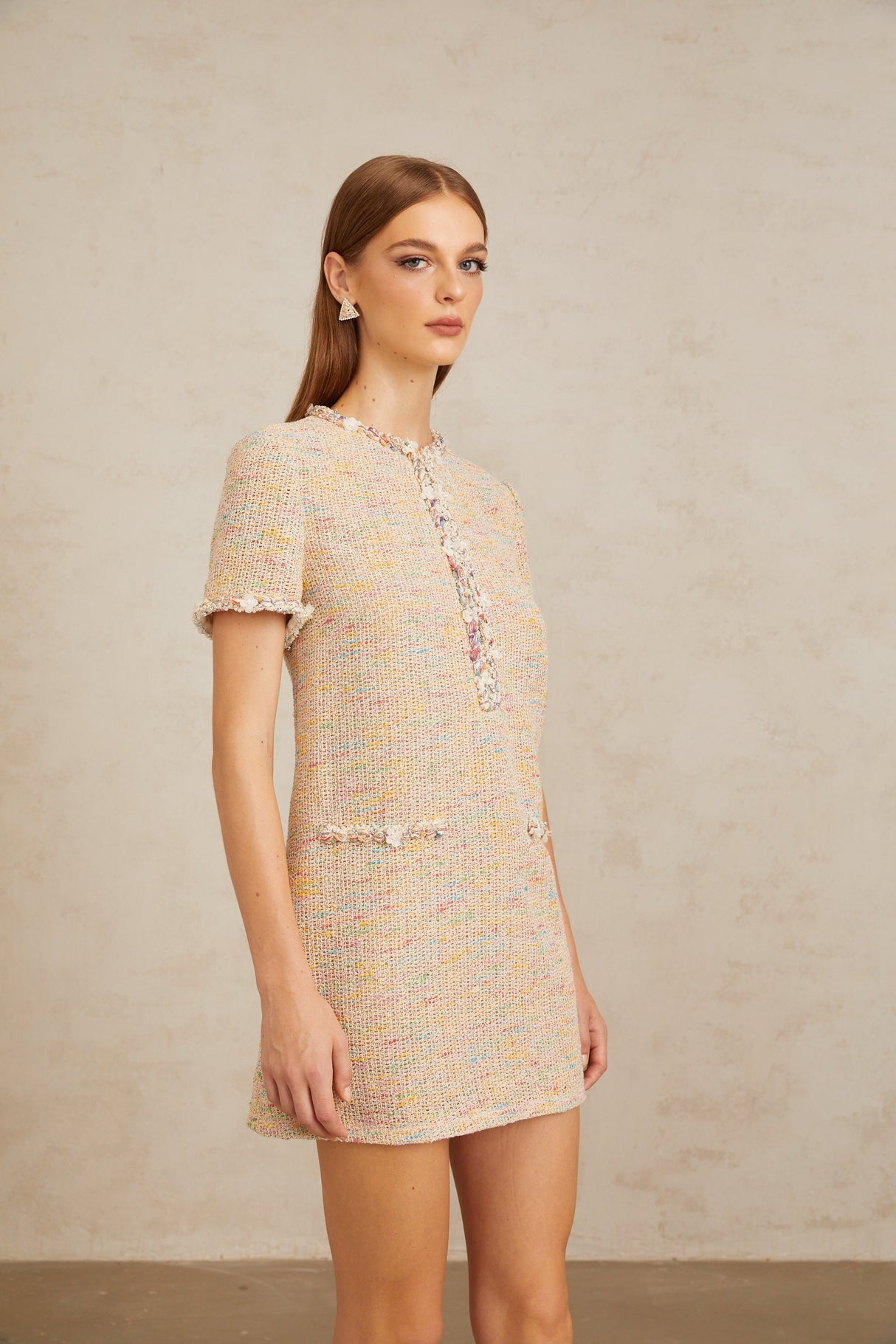 Aurohaya Palme Neutral Embellished Crochet Knit Mini Dress