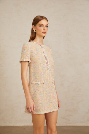Aurohaya Palme Neutral Embellished Crochet Knit Mini Dress