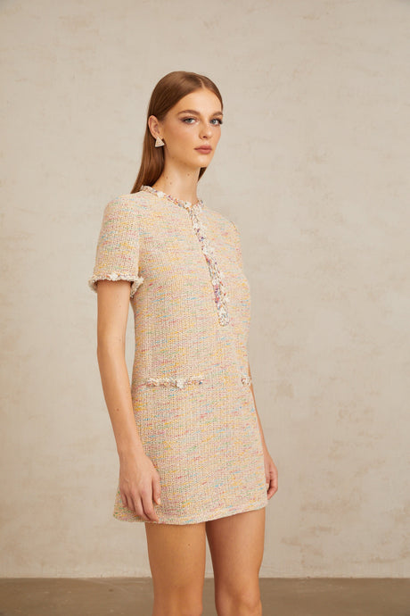 Aurohaya Palme Neutral Embellished Crochet Knit Mini Dress
