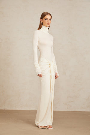 Aurohaya Impériale White Ruched Turtleneck Maxi Dress