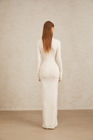 Aurohaya Impériale White Ruched Turtleneck Maxi Dress