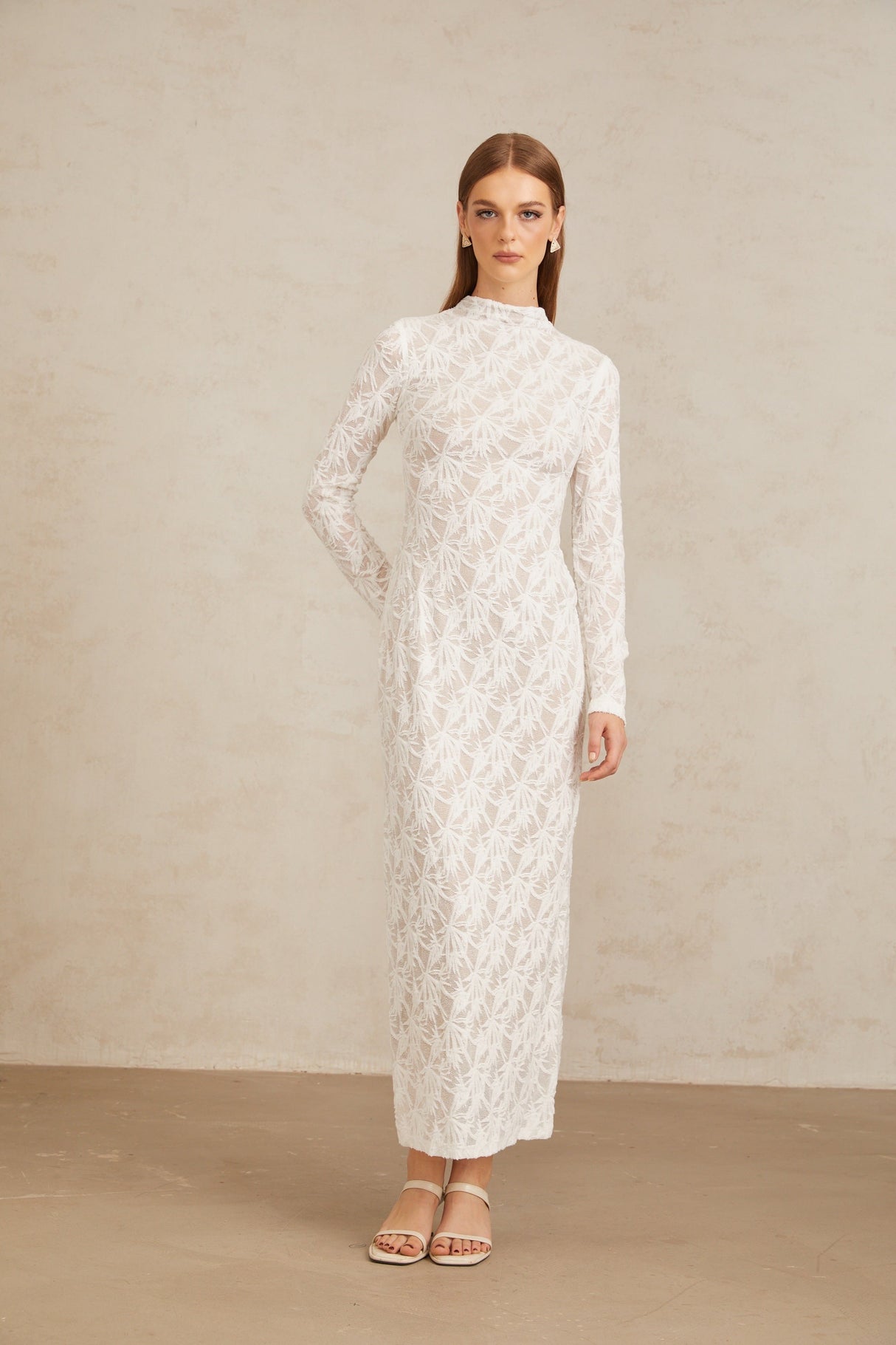 Aurohaya Xavière White Floral Crochet Knit Maxi Dress