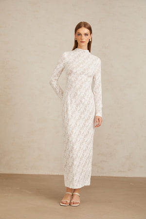 Aurohaya Xavière White Floral Crochet Knit Maxi Dress