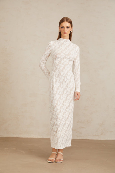 Aurohaya Xavière White Floral Crochet Knit Maxi Dress