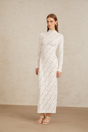 Aurohaya Xavière White Floral Crochet Knit Maxi Dress