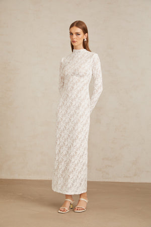 Aurohaya Xavière White Floral Crochet Knit Maxi Dress