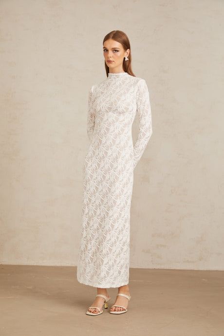 Aurohaya Xavière White Floral Crochet Knit Maxi Dress